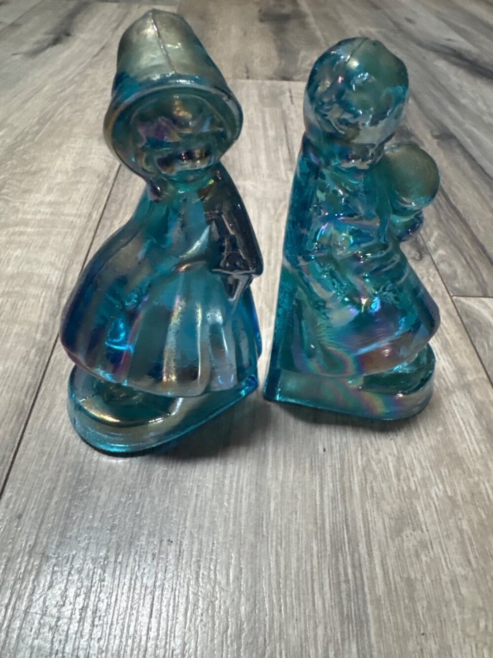 Vintage Wheaton Blue Iridescent Blue Carnival Glass Figurines Boy & Girl Set - 4